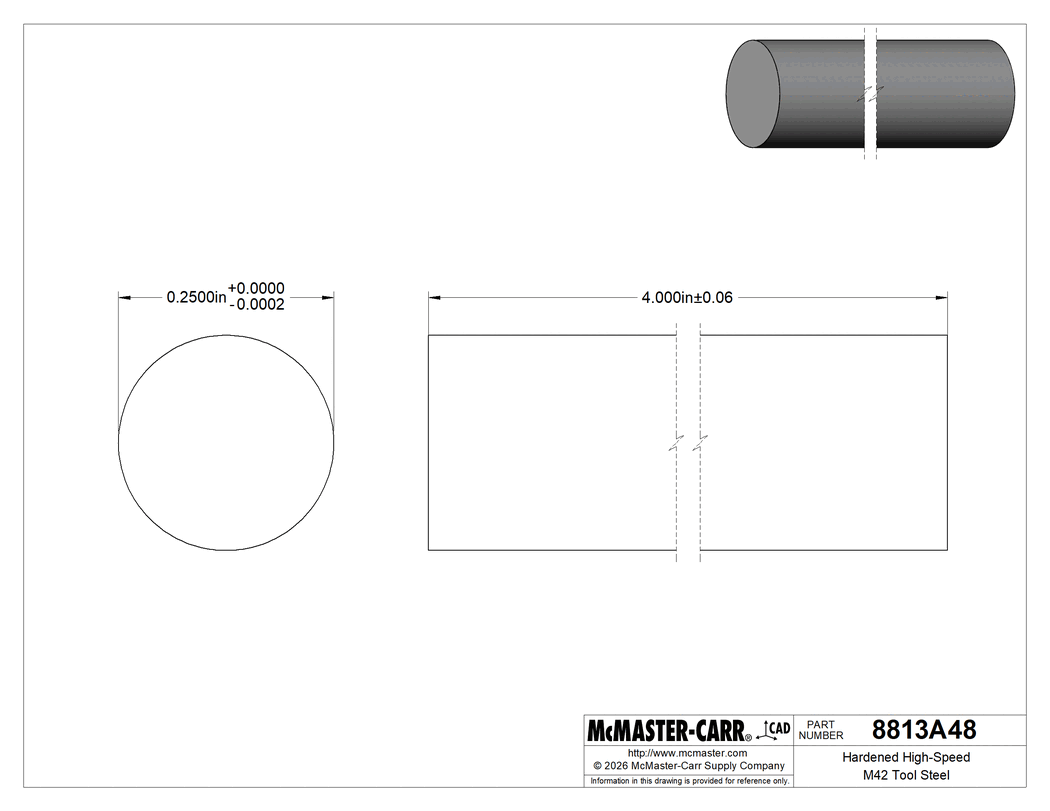 Technical Drawing of Hardened High-Speed M42 Tool Steel, 1/4" Diameter, 4" Long.